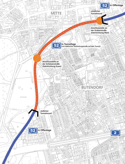 Der Verlauf der zukünftigen A52 auf dem Stadtgebiet von Gladbeck nörldich der A2