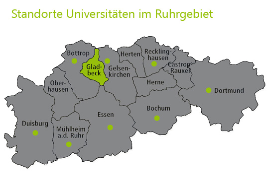 Das Bild zeigt die Uni Standorte im Ruhrgebiet